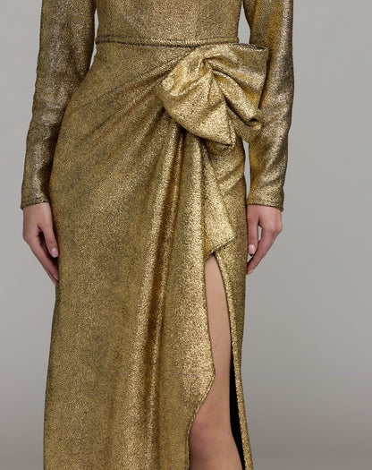 Mac Duggal Gold Metallic Long Sleeve Structured Bow Draped Gown