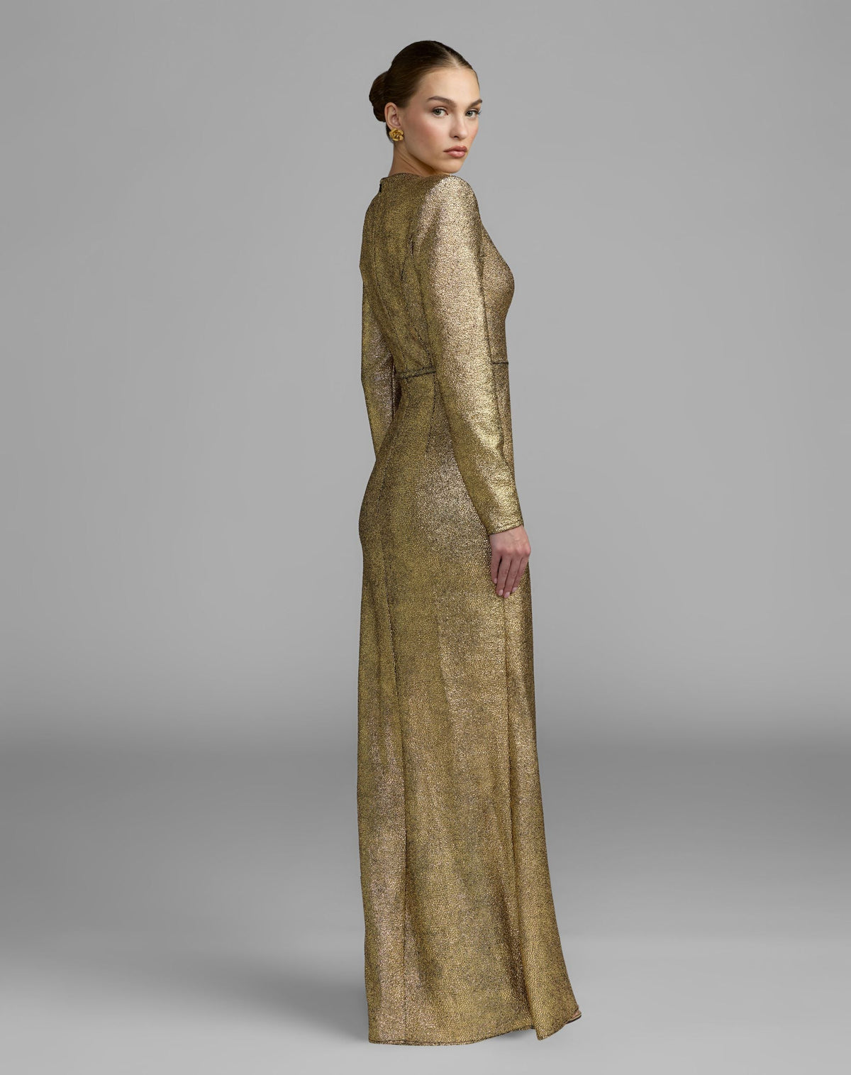Mac Duggal Gold Metallic Long Sleeve Structured Bow Draped Gown