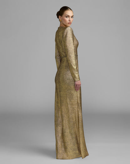 Mac Duggal Gold Metallic Long Sleeve Structured Bow Draped Gown