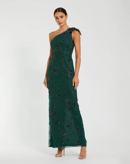 Mac Duggal Green Floral Beaded One Shoulder Gown