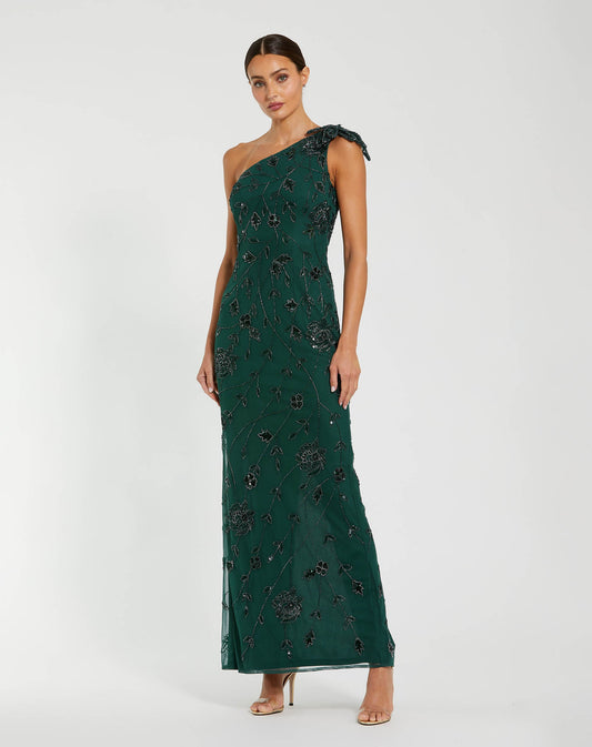 Mac Duggal Green Floral Beaded One Shoulder Gown
