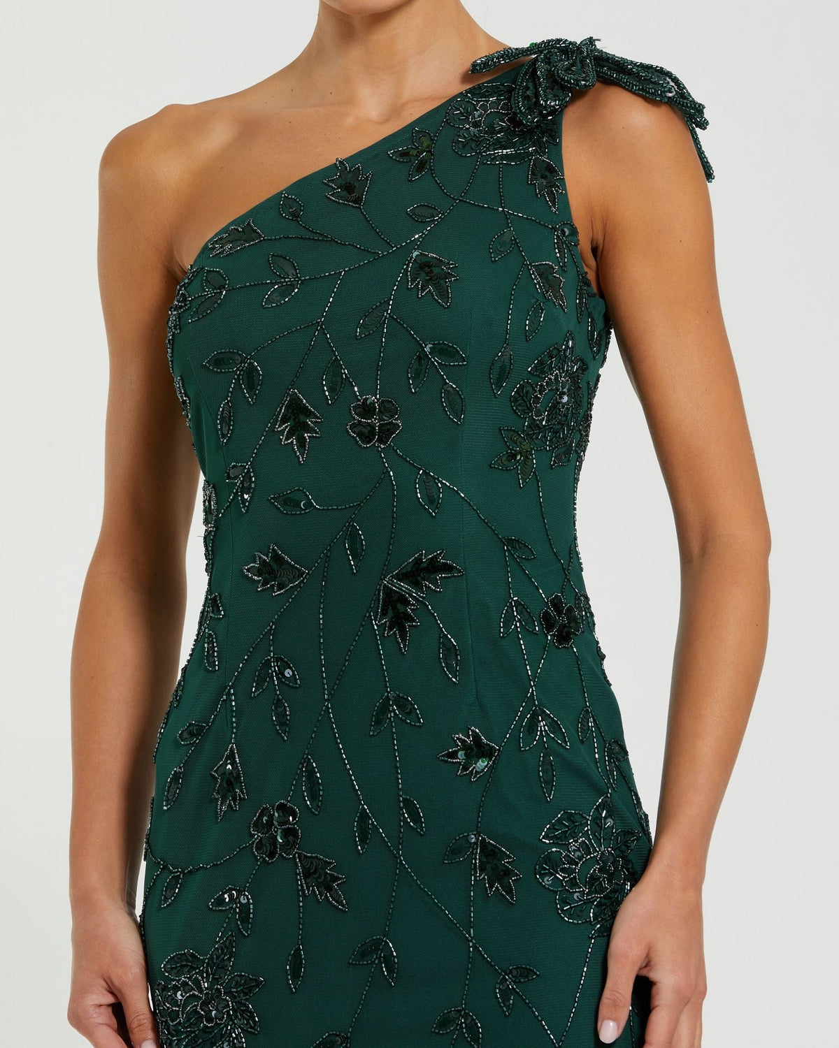 Mac Duggal Green Floral Beaded One Shoulder Gown