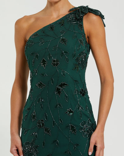Mac Duggal Green Floral Beaded One Shoulder Gown