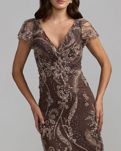 Mac Duggal Brown V Neck Flutter Sleeve Embroidered Lace Gown