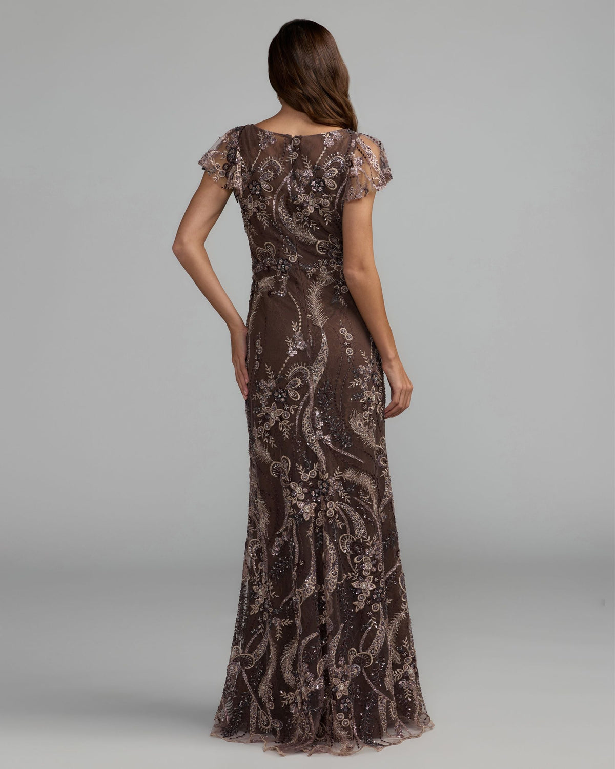 Mac Duggal Brown V Neck Flutter Sleeve Embroidered Lace Gown
