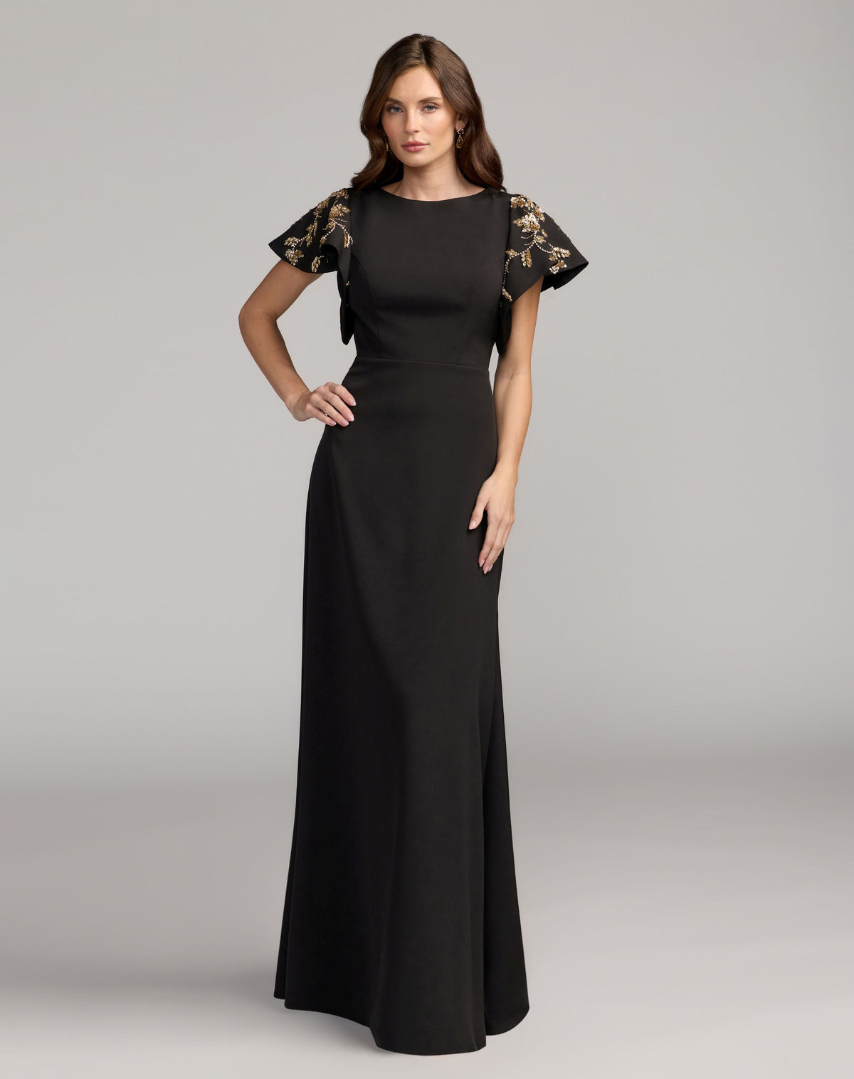 Mac Duggal Black Embellished Flutter Sleeve Crepe Gown