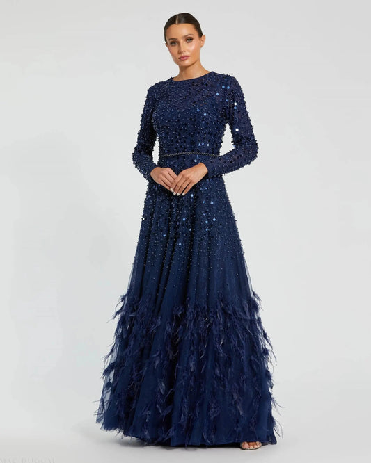 Mac Duggal Disc Embellished Sequin Dress with Feather Detail