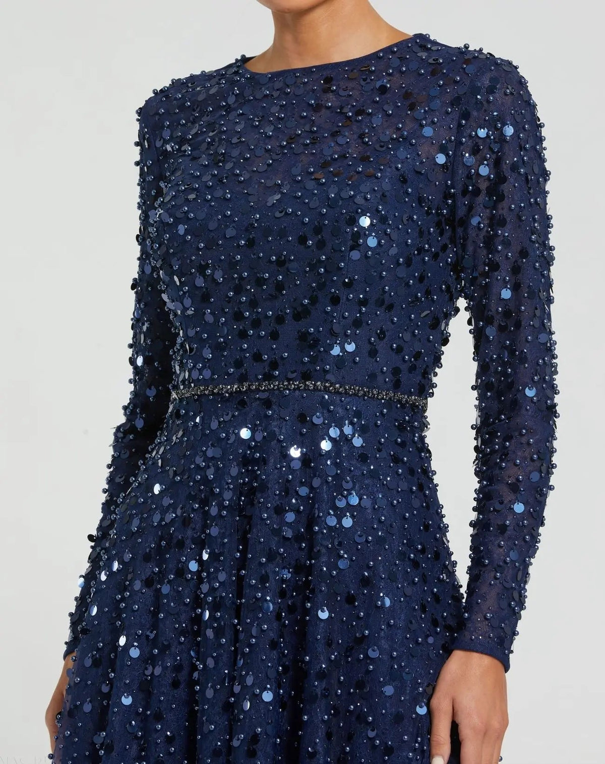Mac Duggal Disc Embellished Sequin Dress with Feather Detail