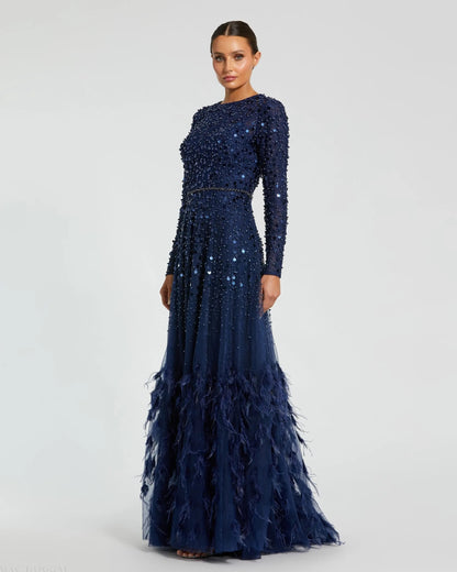 Mac Duggal Disc Embellished Sequin Dress with Feather Detail