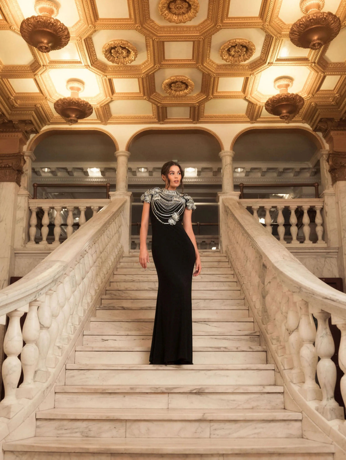 Mac Duggal Black High Neck Embellished Column Gown Duggal