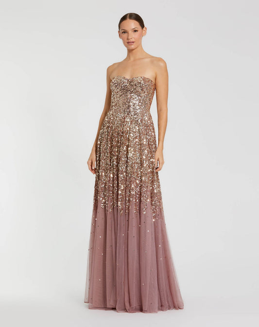 Mac Duggal Pink Strapless Sweetheart Neck Sequin Ombre Gown