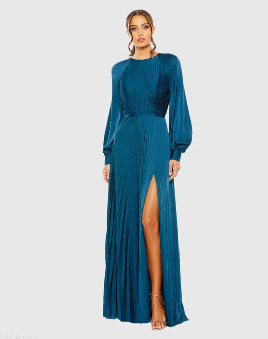 Mac Duggal Blue Pleated High Neck Long Sleeve Gown With Slit