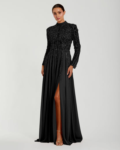 Mac Duggal Petite Black Embellished Long Sleeve Gown with Slit