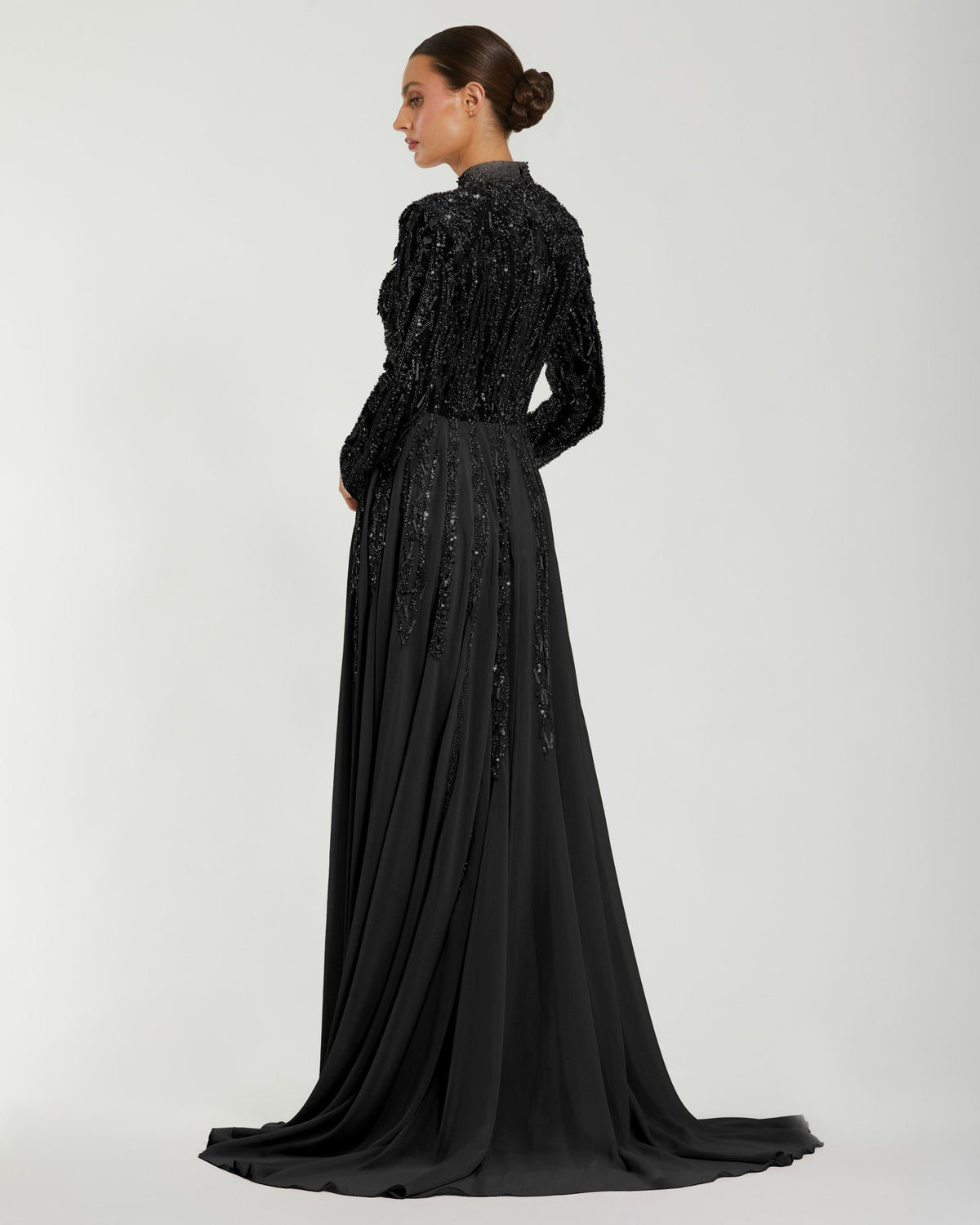 Mac Duggal Petite Black Embellished Long Sleeve Gown with Slit