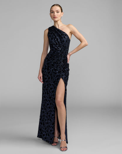 Mac Duggal Navy Floral One Shoulder Sequin Gown With Slit