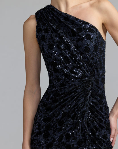 Mac Duggal Navy Floral One Shoulder Sequin Gown With Slit