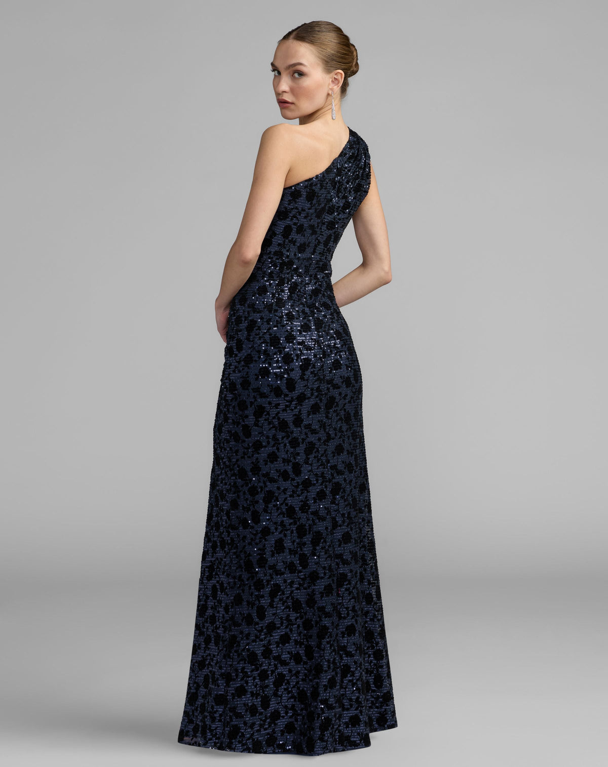 Mac Duggal Navy Floral One Shoulder Sequin Gown With Slit