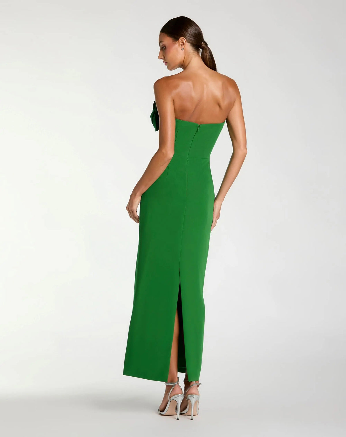 Mac Duggal Green Strapless Crepe Dress With 3D Flower Detail