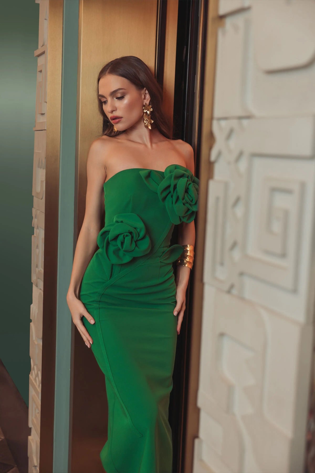 Mac Duggal Green Strapless Crepe Dress With 3D Flower Detail