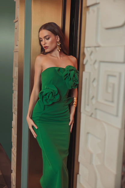 Mac Duggal Green Strapless Crepe Dress With 3D Flower Detail