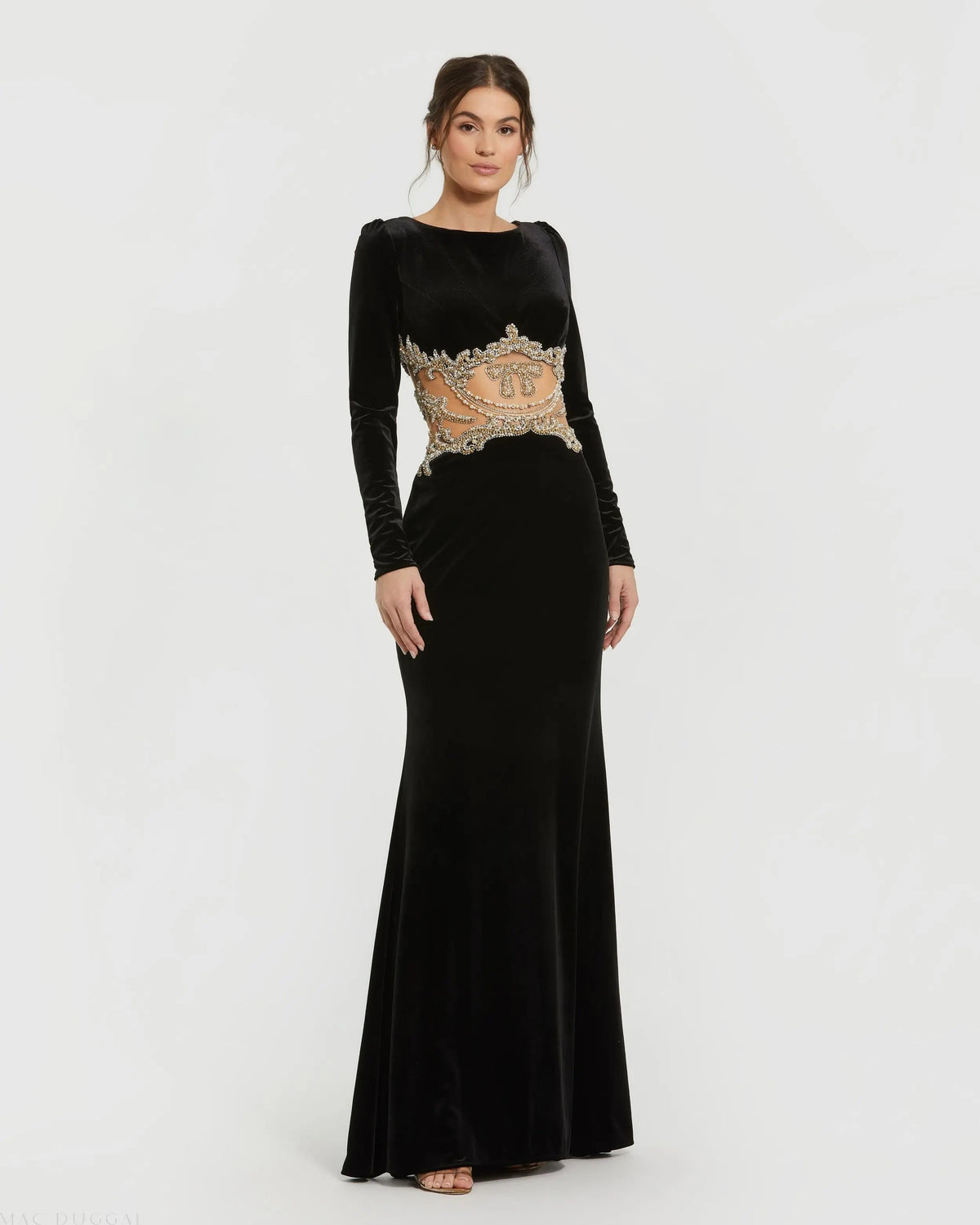Mac Duggal Black Long Sleeve Sheer Embellished Velvet Gown