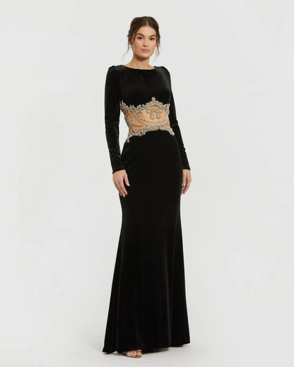Mac Duggal Black Long Sleeve Sheer Embellished Velvet Gown