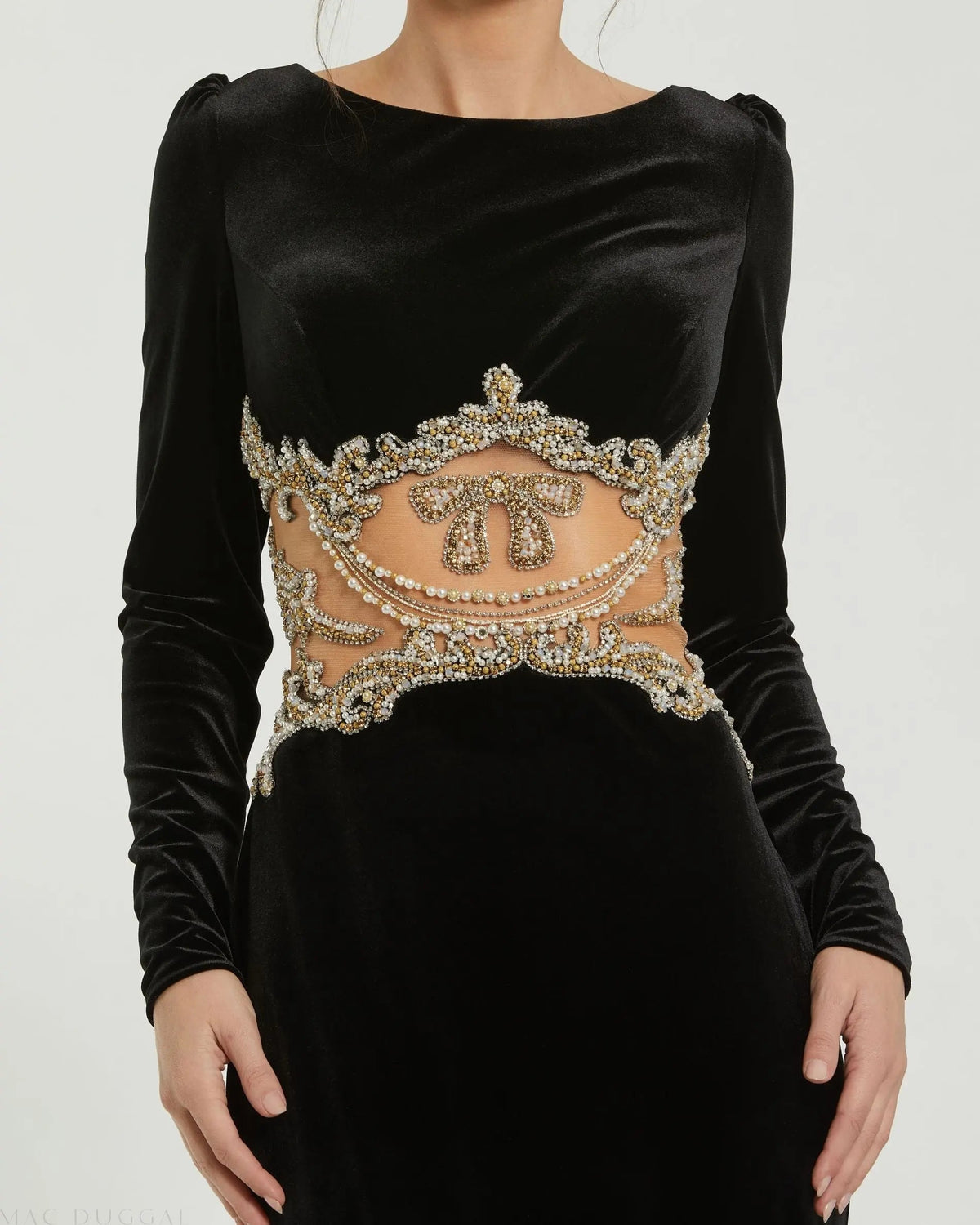 Mac Duggal Black Long Sleeve Sheer Embellished Velvet Gown