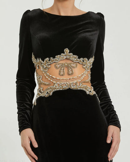 Mac Duggal Black Long Sleeve Sheer Embellished Velvet Gown