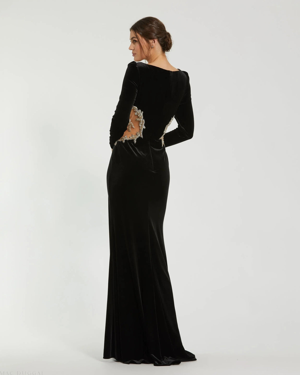 Mac Duggal Black Long Sleeve Sheer Embellished Velvet Gown