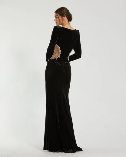 Mac Duggal Black Long Sleeve Sheer Embellished Velvet Gown
