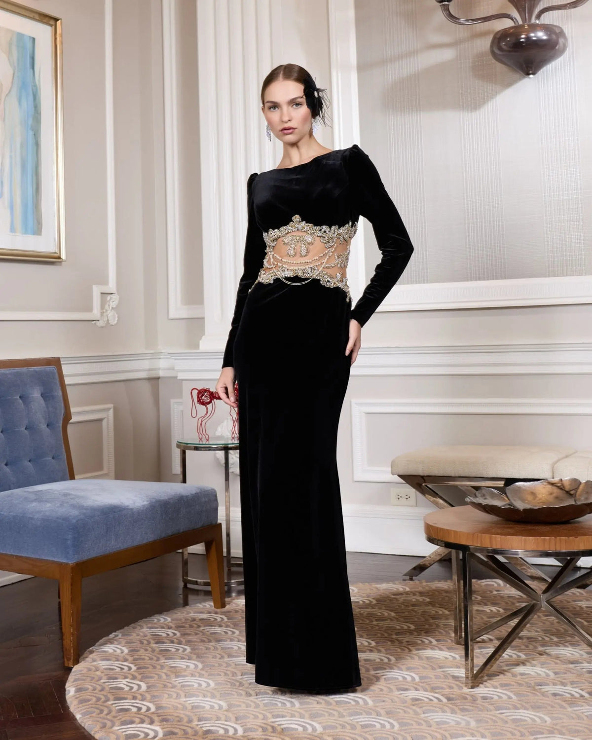 Mac Duggal Black Long Sleeve Sheer Embellished Velvet Gown