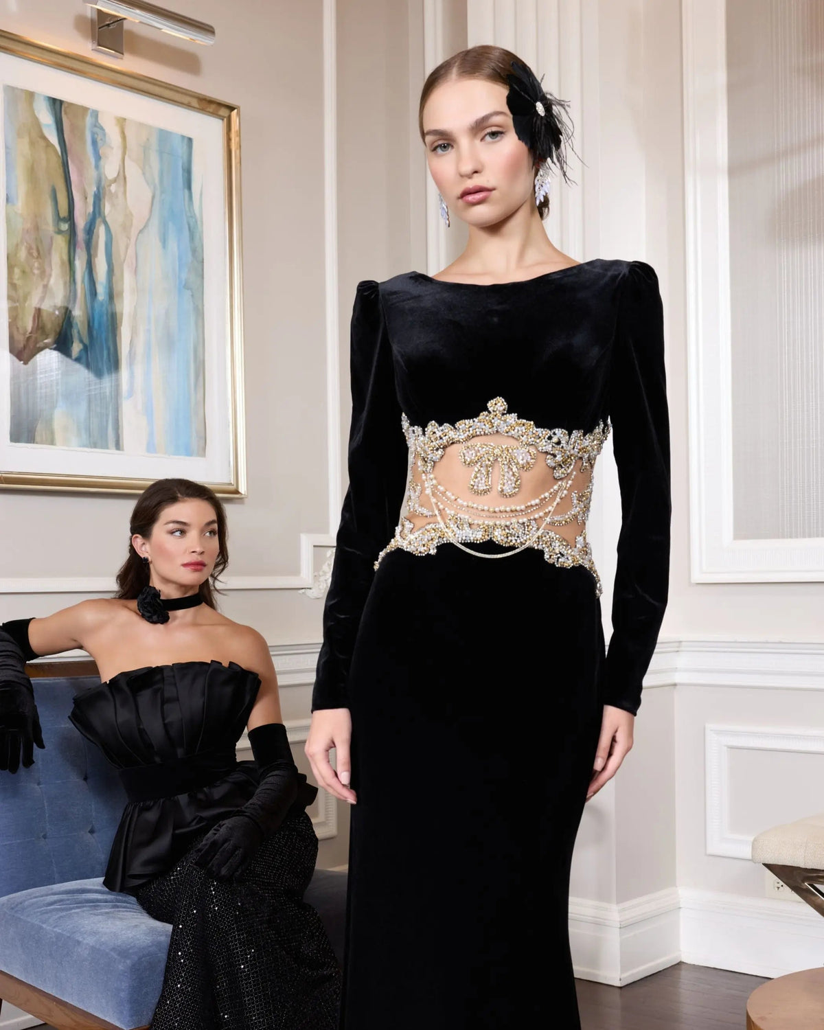 Mac Duggal Black Long Sleeve Sheer Embellished Velvet Gown