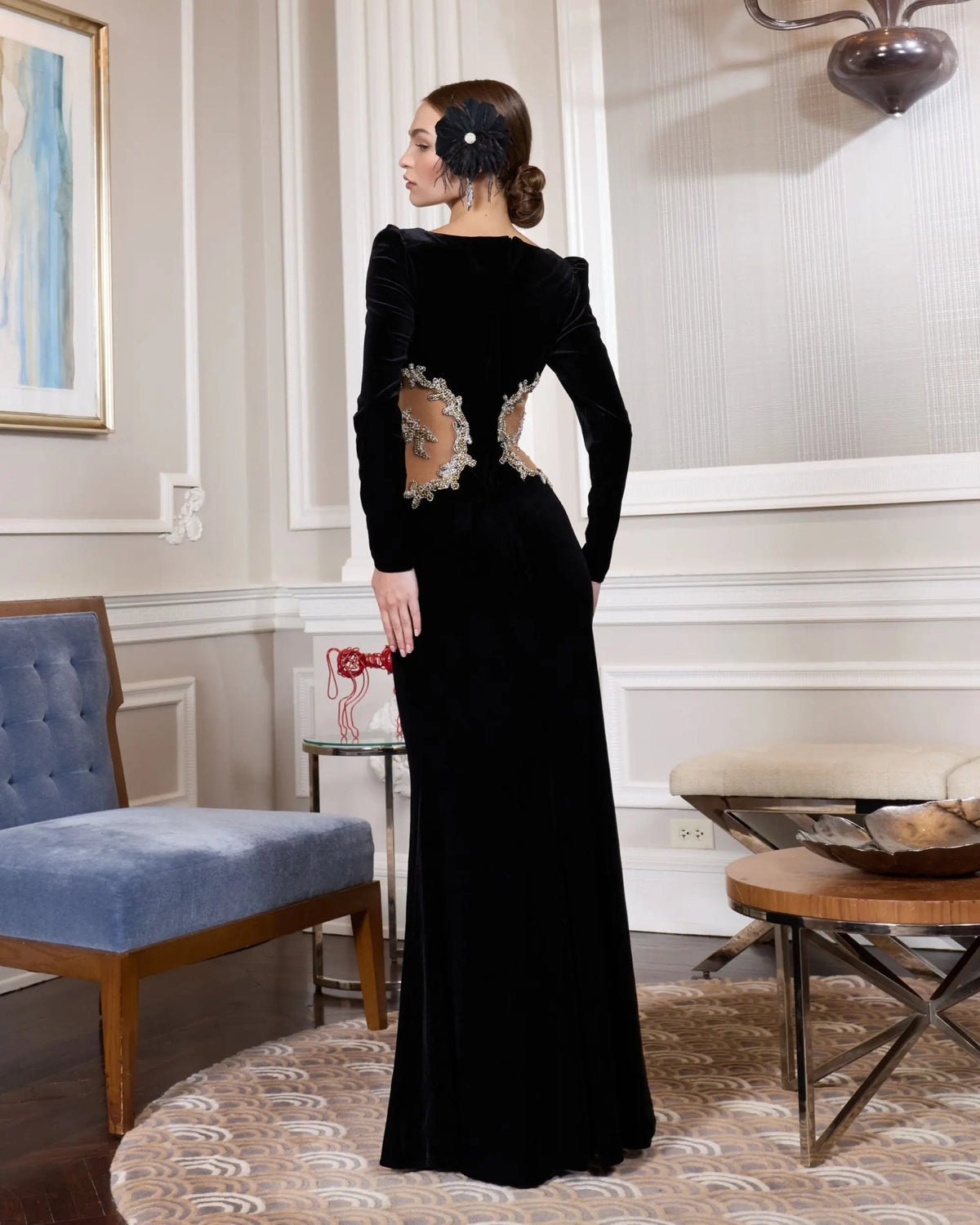 Mac Duggal Black Long Sleeve Sheer Embellished Velvet Gown