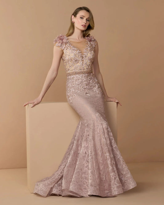 Mac Duggal Pink Embellished Lace Illusion Neck Gown With 3D Flowers