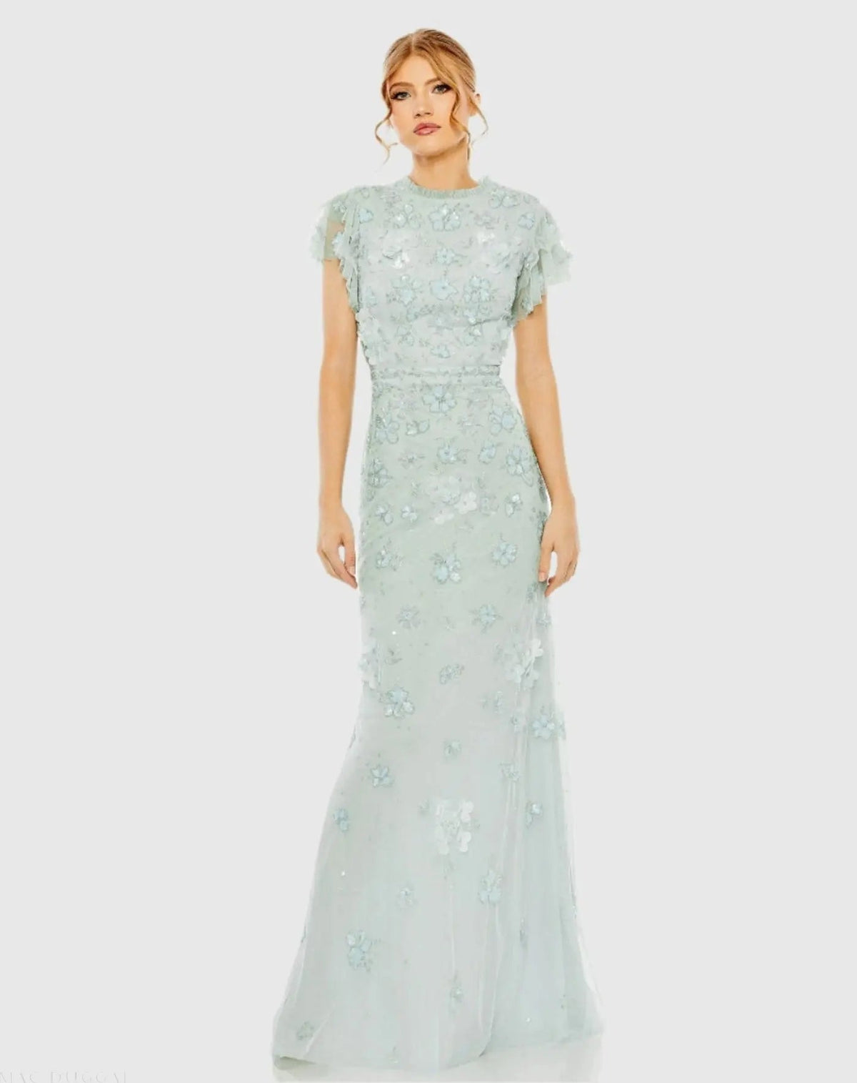 Mac Duggal Blue Floral Embellished High Neck Flutter Sleeve Gown