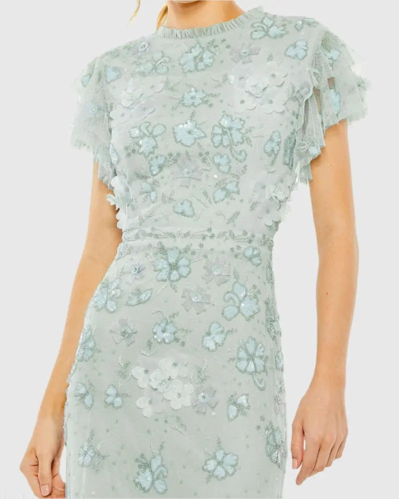 Mac Duggal Blue Floral Embellished High Neck Flutter Sleeve Gown