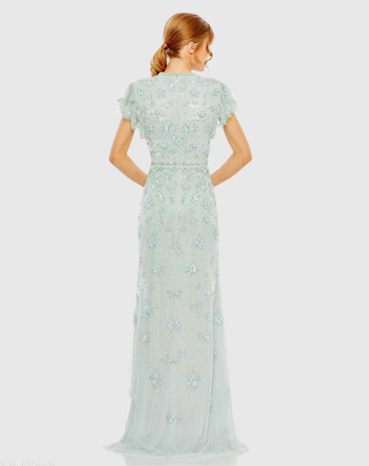 Mac Duggal Blue Floral Embellished High Neck Flutter Sleeve Gown