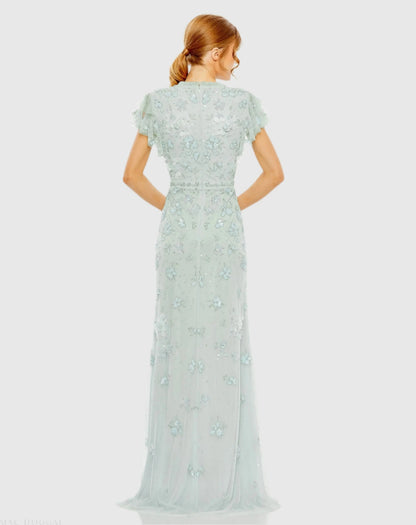 Mac Duggal Blue Floral Embellished High Neck Flutter Sleeve Gown