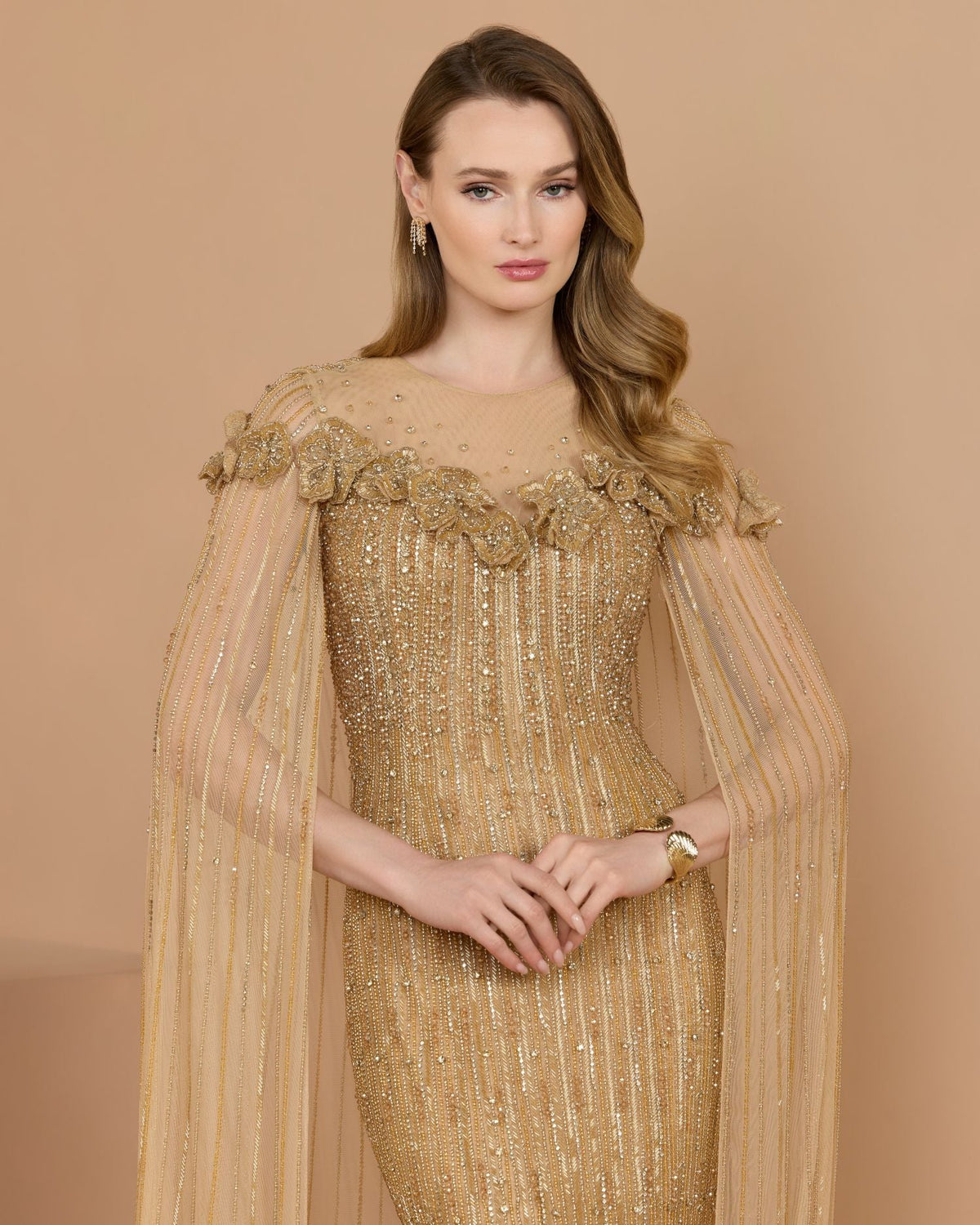 Mac Duggal Gold Embellished Cape Sleeve Column Gown