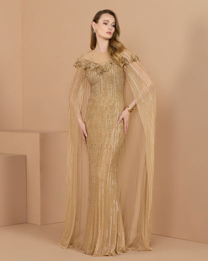 Mac Duggal Gold Embellished Cape Sleeve Column Gown