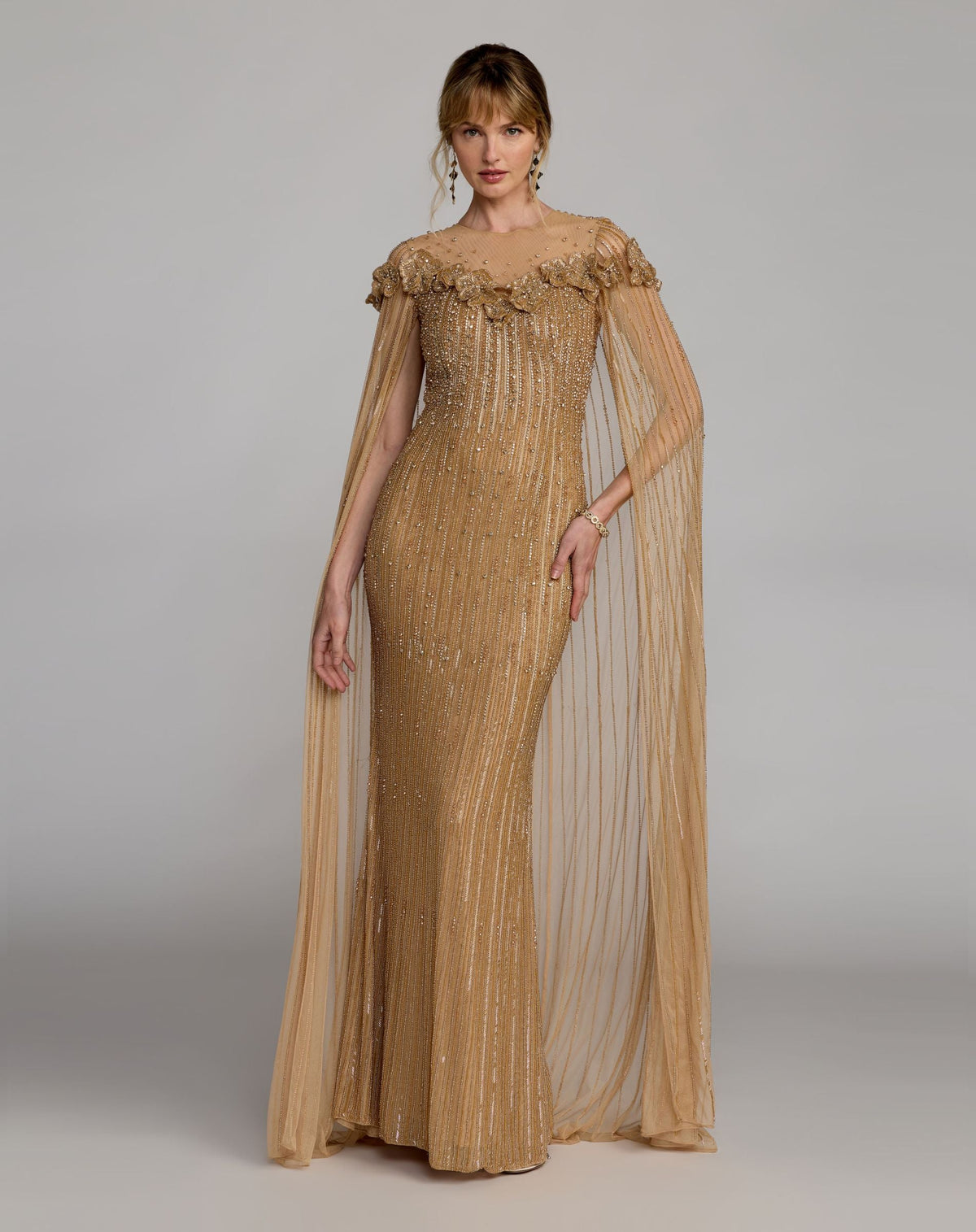 Mac Duggal Gold Embellished Cape Sleeve Column Gown