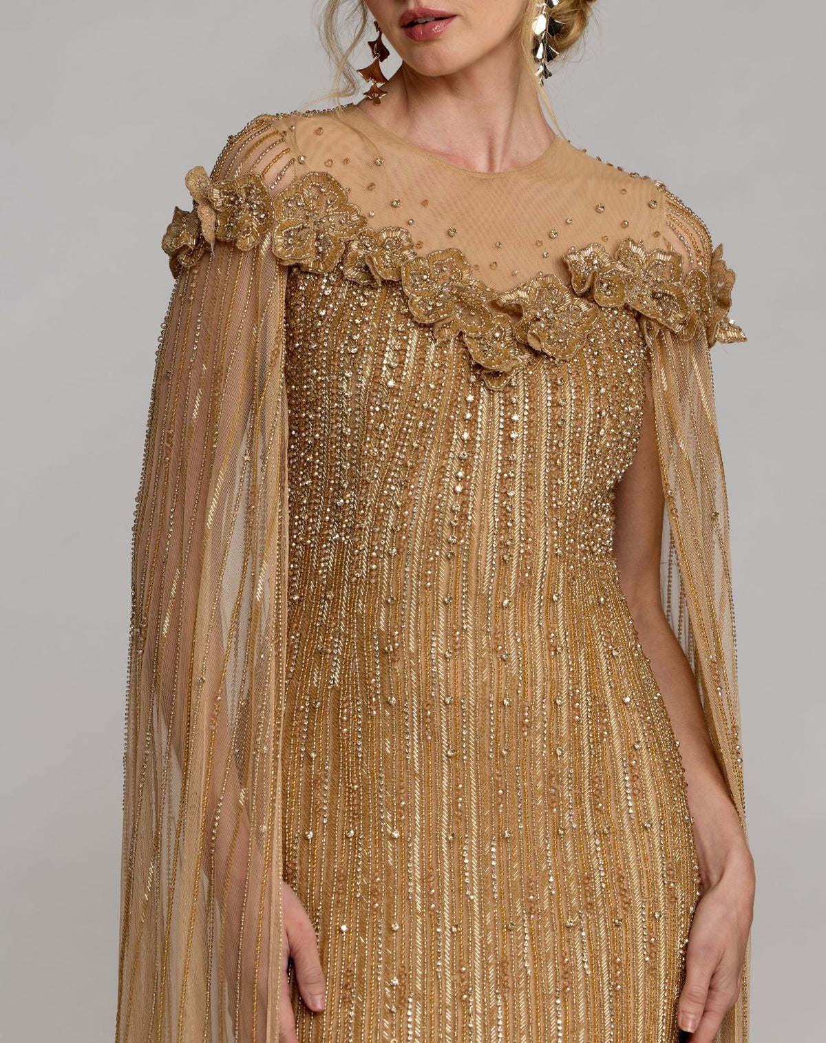 Mac Duggal Gold Embellished Cape Sleeve Column Gown