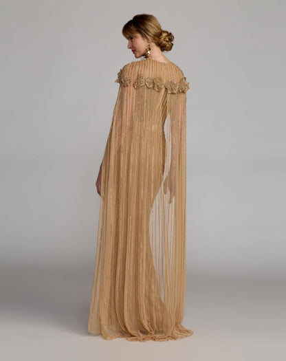Mac Duggal Gold Embellished Cape Sleeve Column Gown