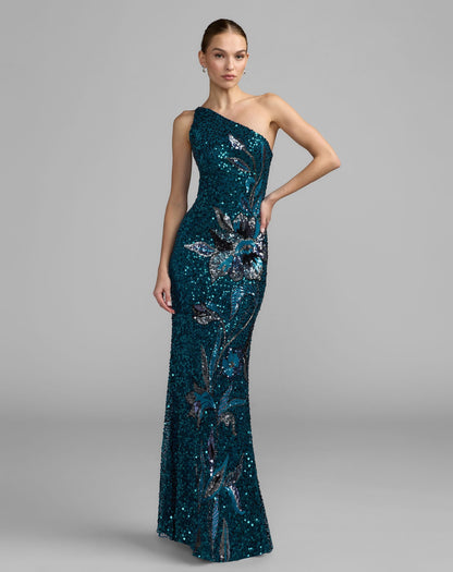 Mac Duggal Teal Floral Sequin One Shoulder Gown