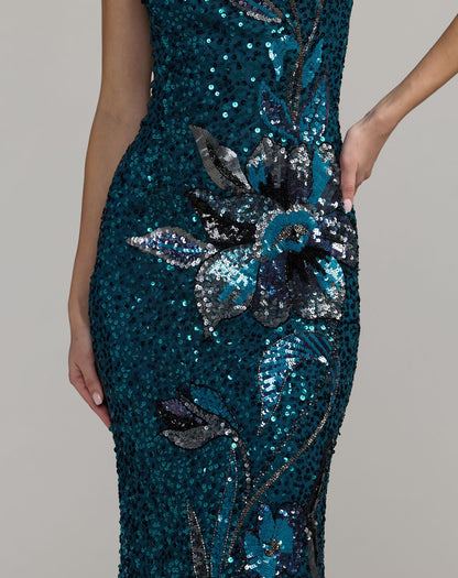 Mac Duggal Teal Floral Sequin One Shoulder Gown