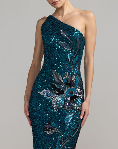 Mac Duggal Teal Floral Sequin One Shoulder Gown