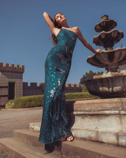 Mac Duggal Teal Floral Sequin One Shoulder Gown