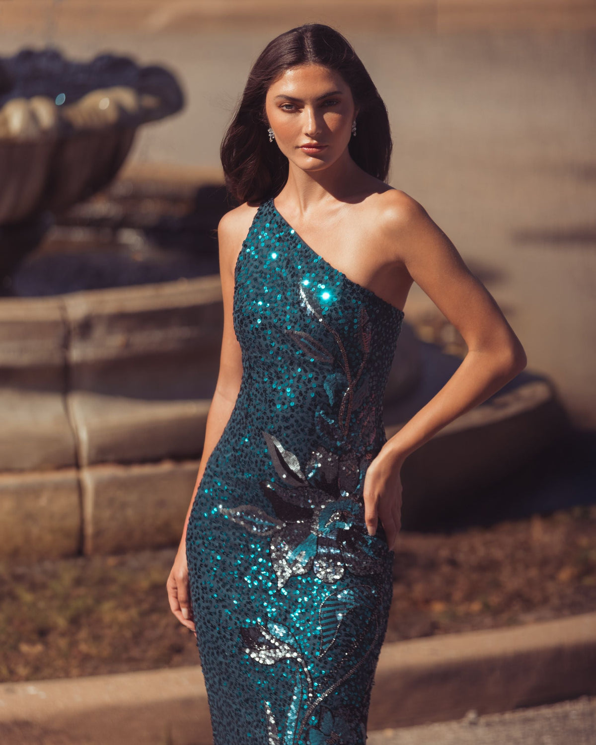 Mac Duggal Teal Floral Sequin One Shoulder Gown