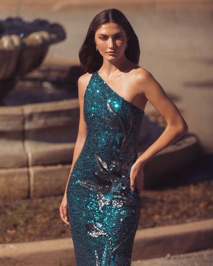 Mac Duggal Teal Floral Sequin One Shoulder Gown