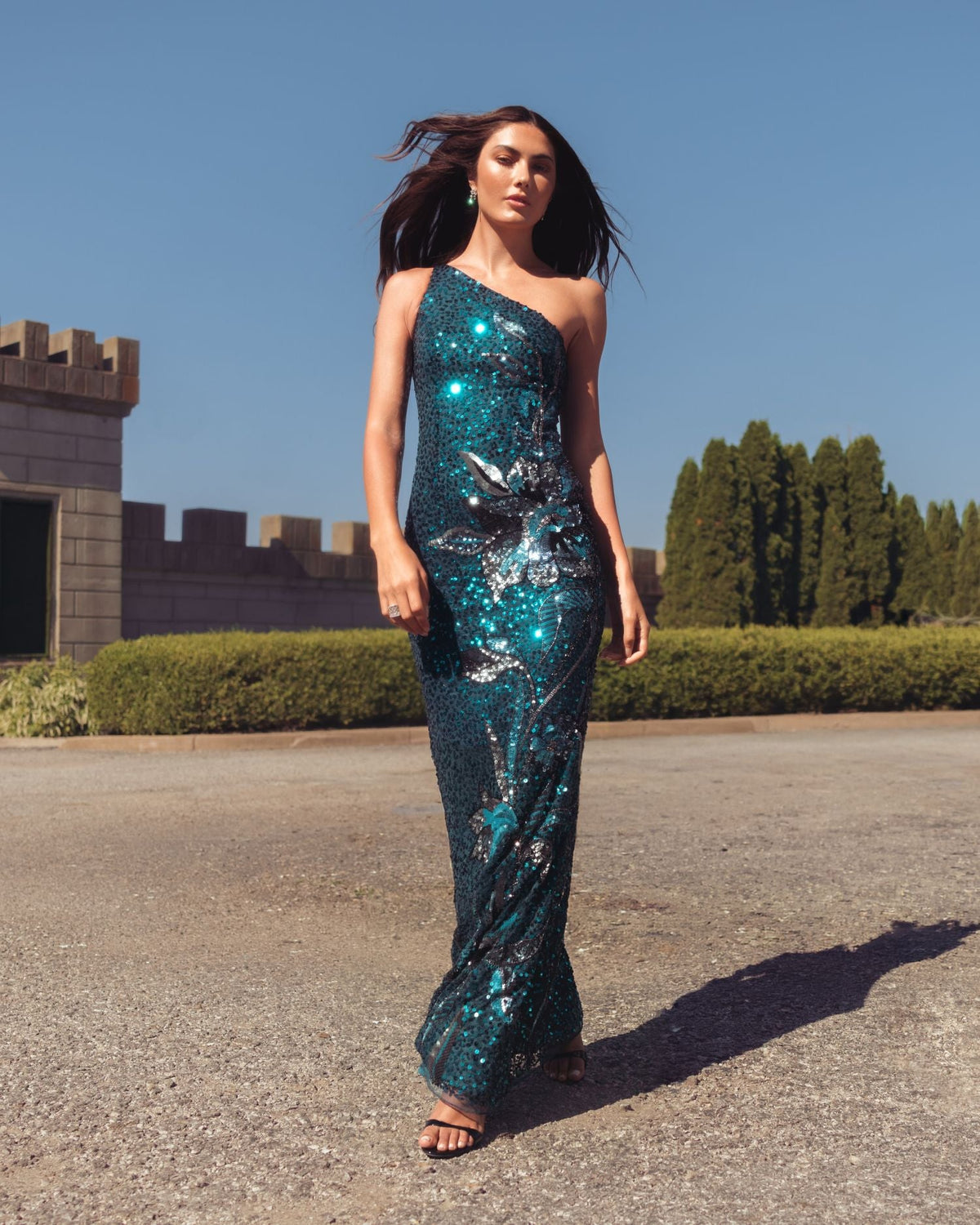 Mac Duggal Teal Floral Sequin One Shoulder Gown